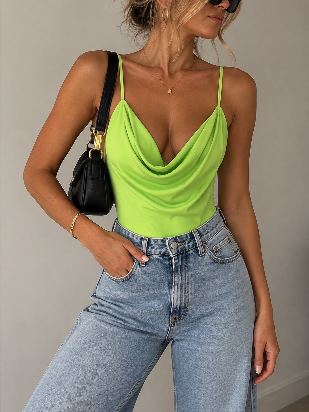 Zara Neon Lime Cowl Neck Spaghetti Strap Bodysuit Size S